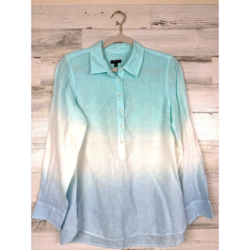 Talbots Womens M Petite Blue White Ombre Linen Long Sleeve Button Down Shirt